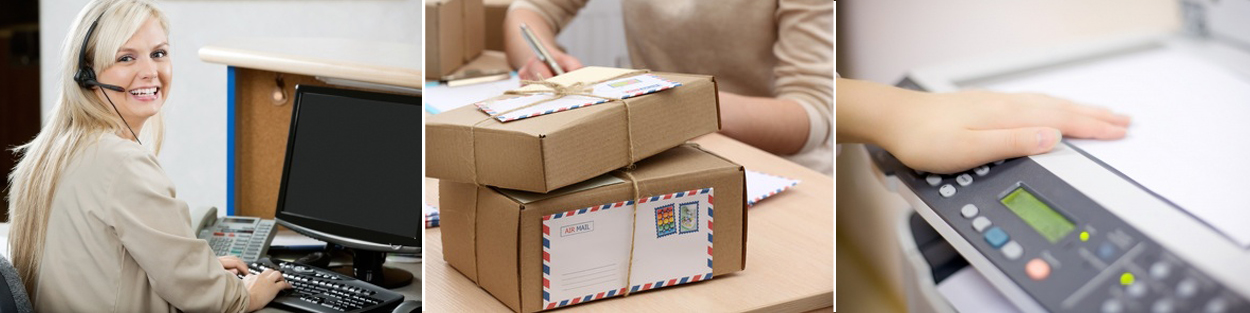 Admin Services Offices in Portland and Hillsboro, OR - images of woman on phone, packages at front desk and postal scale