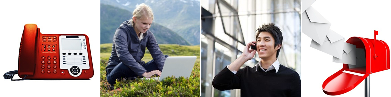 Portland and Hillsboro Virtual Office Rentals Banner with image of phone, woman working on laptop, man on cellphone and mailbox